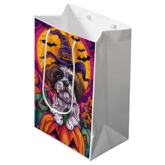 Bolsa De Regalo Mediana Malti Tzu Toky Perro Halloween Bruja Y Calabaza (Angulo Anverso)