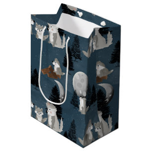 Bolsa De Regalo Mediana Manada de lobos lindos, bosque, cielo nocturno y l
