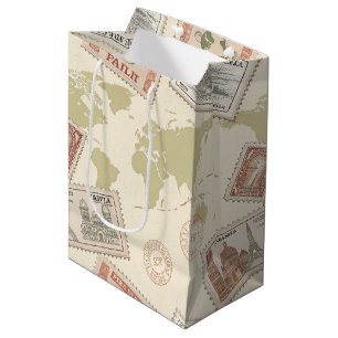 Bolsa De Regalo Mediana Mapa Mundial de Sellos Postales Antiguos de Viaje