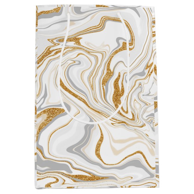 Bolsa De Regalo Mediana Marble blanco, dorado y plateado remoja el arte fl (Anverso)
