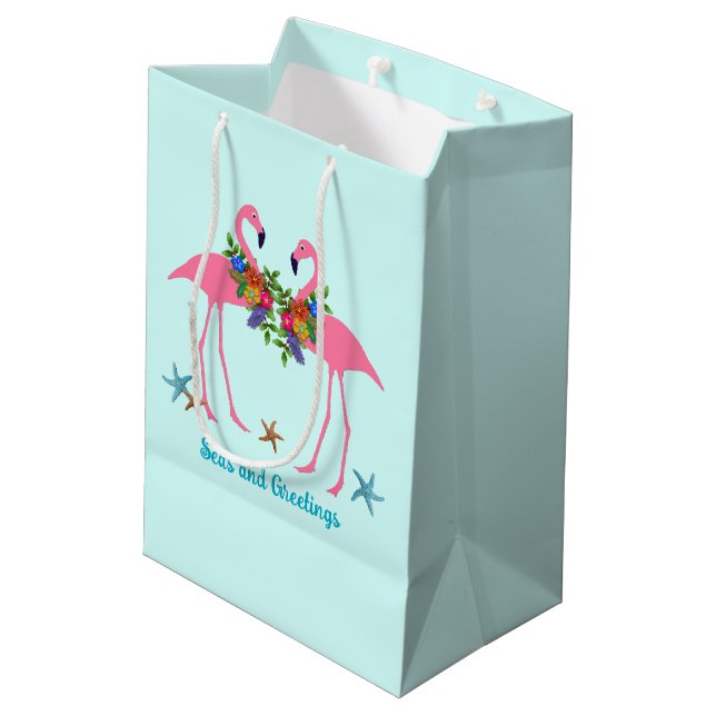 Bolsa De Regalo Mediana Mares y saludos Navidades de Flamingos Rosados (Angulo reverso)