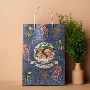 Bolsa De Regalo Mediana Margen azul marino de la Marina Personalizado de S