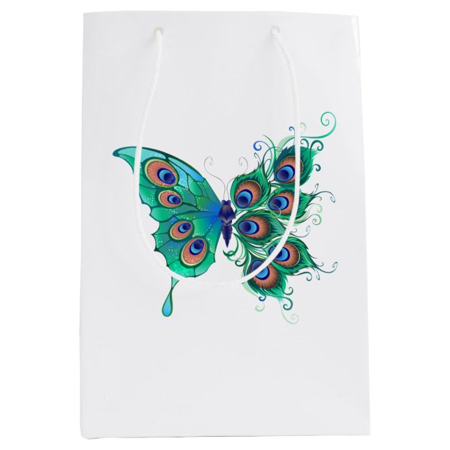 Bolsa De Regalo Mediana Mariposa con plumas de pavo real verde (Anverso)