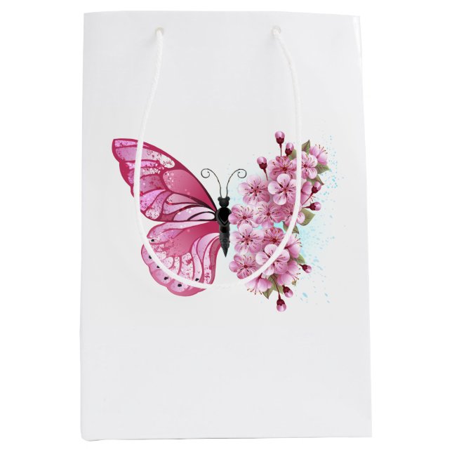 Bolsa De Regalo Mediana Mariposa de flores con Sakura rosa (Anverso)