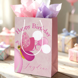 Bolsa De Regalo Mediana Mariposa Ilustrada Rosa Con Globos