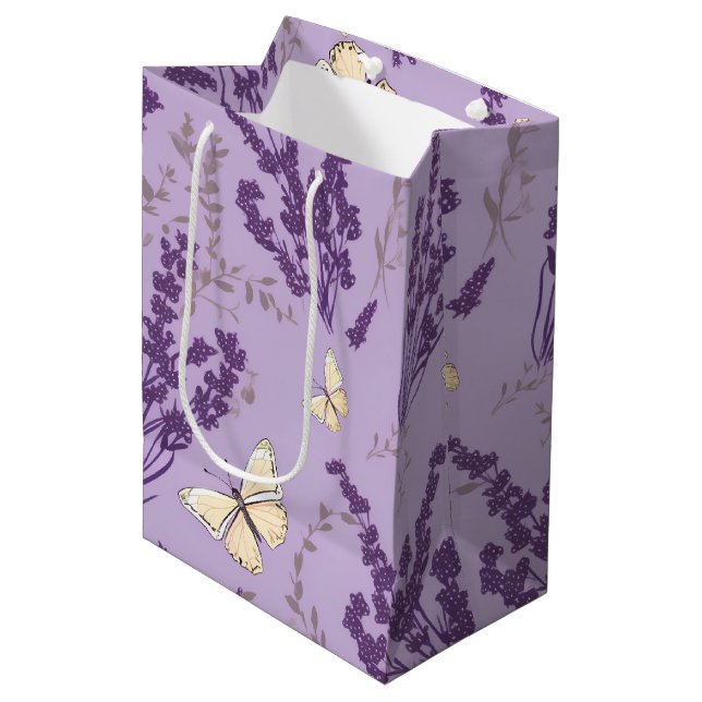 Bolsa De Regalo Mediana Mariposas de marfil con flores de lavanda (Angulo Anverso)