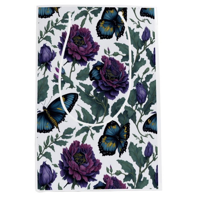 Bolsa De Regalo Mediana Mariposas florales elegantes de púrpura de ciruela (Anverso)