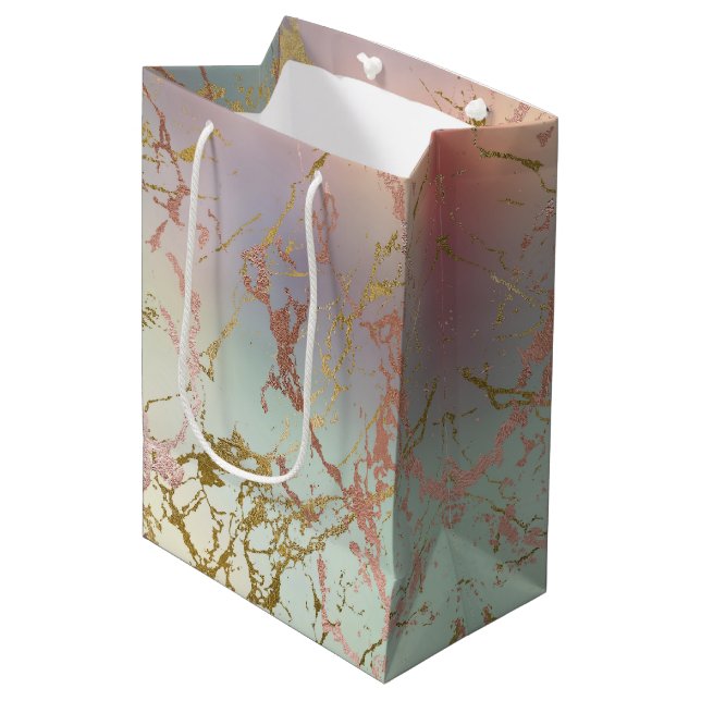 Bolsa De Regalo Mediana Mármol beige elegante | Rosa verde salvia menta or (Angulo Anverso)