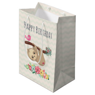 Bolsa De Regalo Mediana Marrón lindo Sloth colgando boca abajo Cumpleaños