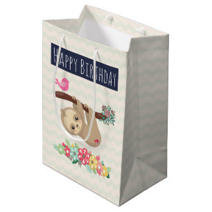 Bolsa De Regalo Mediana Marrón lindo Sloth colgando boca abajo Cumpleaños