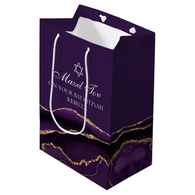 Bolsa De Regalo Mediana Mazel Tov Purple Gold Personalizado Bat Mitzvah (Angulo Anverso)