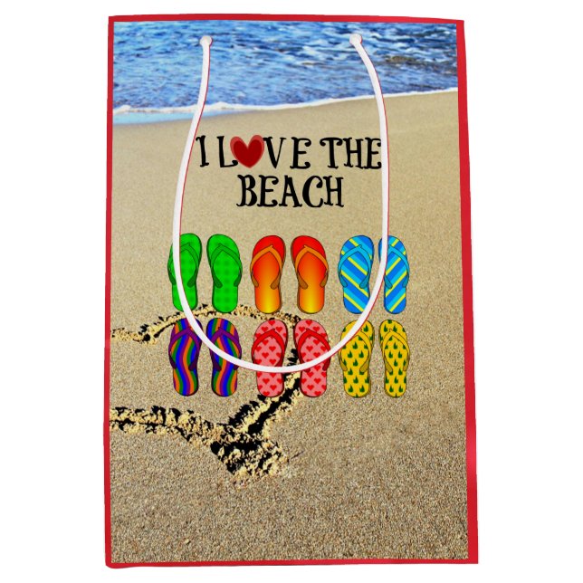 Bolsa De Regalo Mediana Me encanta la playa, las sandalias en la arena (Anverso)