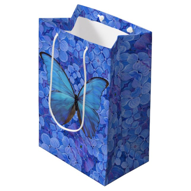 Bolsa De Regalo Mediana Med Gift Bag Blue Morpho sobre Hydrangea (Angulo Anverso)