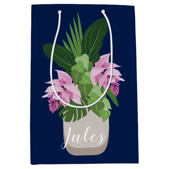 Bolsa De Regalo Mediana Medinilla tropical Vasa de flores rosadas en azul  (Anverso)