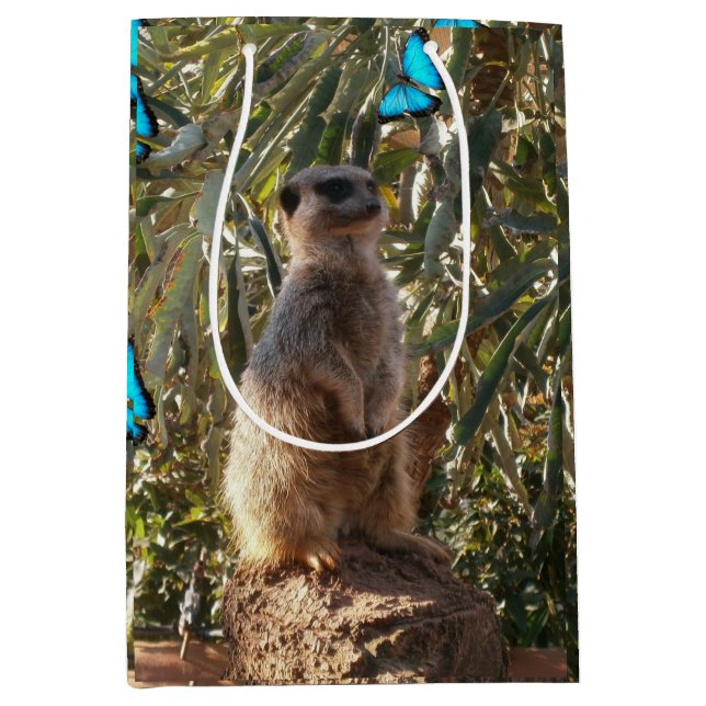 Bolsa De Regalo Mediana Meerkat Y Mariposas Azules, (Anverso)