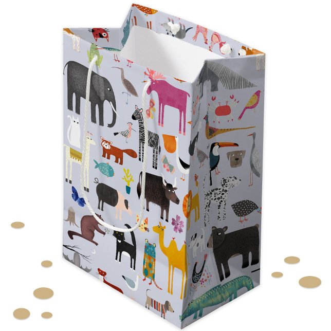 Bolsa De Regalo Mediana Menagerie animal (Fun animal menagerie with wild, safari, zoo and pet animals and birds pattern gift bag)