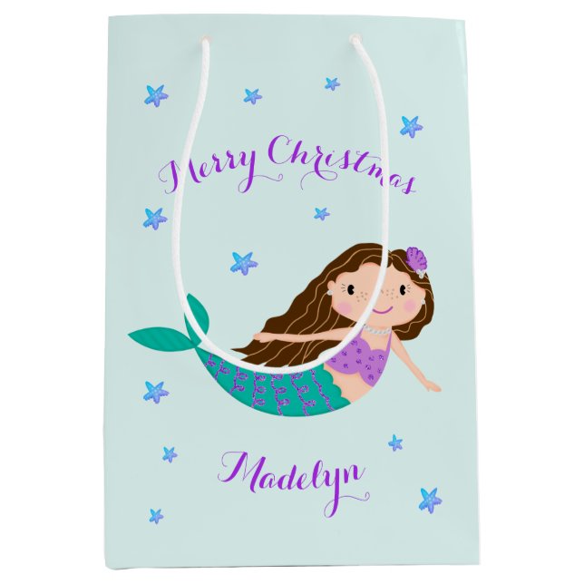 Bolsa De Regalo Mediana Mermaid Merry Christmas Personalizado (Anverso)