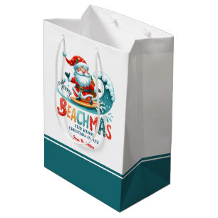 Bolsa De Regalo Mediana Merry Beachmas Santa Surfing Retro Diseño Dos