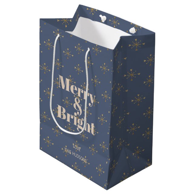 Bolsa De Regalo Mediana Merry & Bright Moderno Blue Gold Trendy Medium (Angulo Anverso)