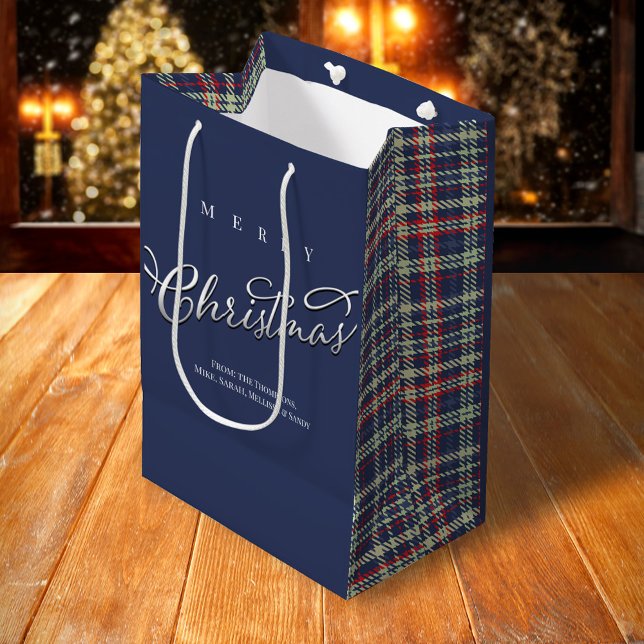 Bolsa De Regalo Mediana Merry Christmas Caligraphy Script Navy Blue Plaid (Merry Christmas navy blue plaid pattern gift bag
)