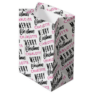 Bolsa De Regalo Mediana Merry Christmas Custom Name Pink Trendy