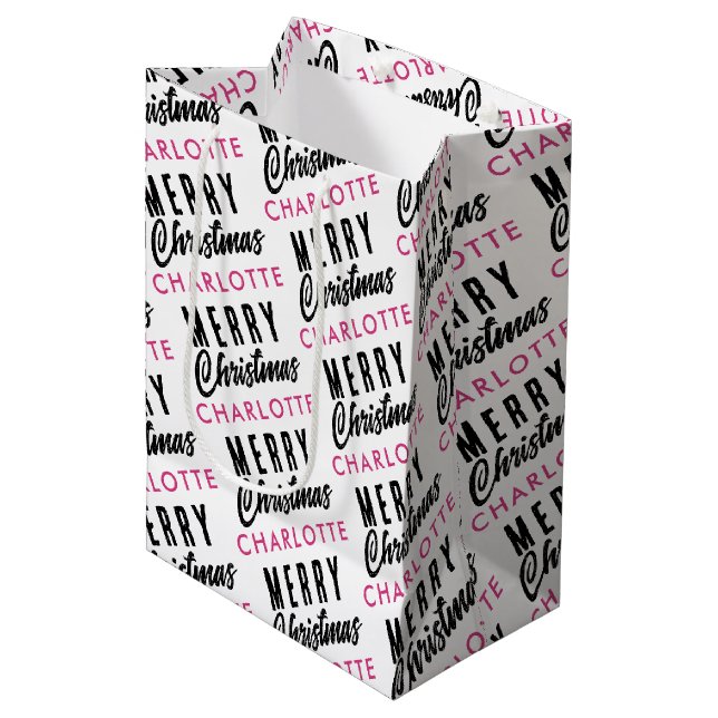 Bolsa De Regalo Mediana Merry Christmas Custom Name Pink Trendy (Angulo Anverso)