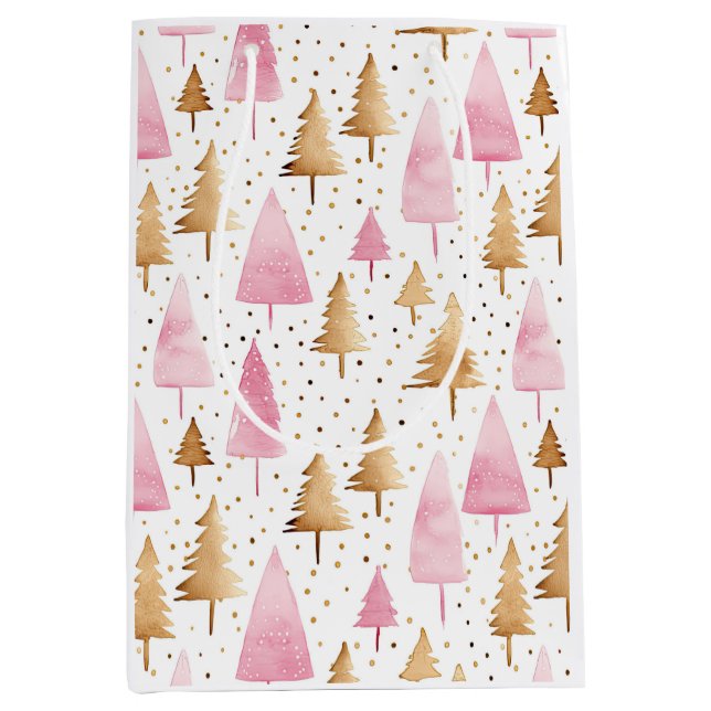 Bolsa De Regalo Mediana Merry Christmas Gold Pink Tree (Anverso)
