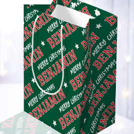 Bolsa De Regalo Mediana Merry Christmas Name Typography Green Red