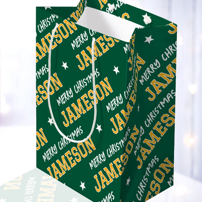 Bolsa De Regalo Mediana Merry Christmas Name Typography Green Yellow (Subido por el creador)