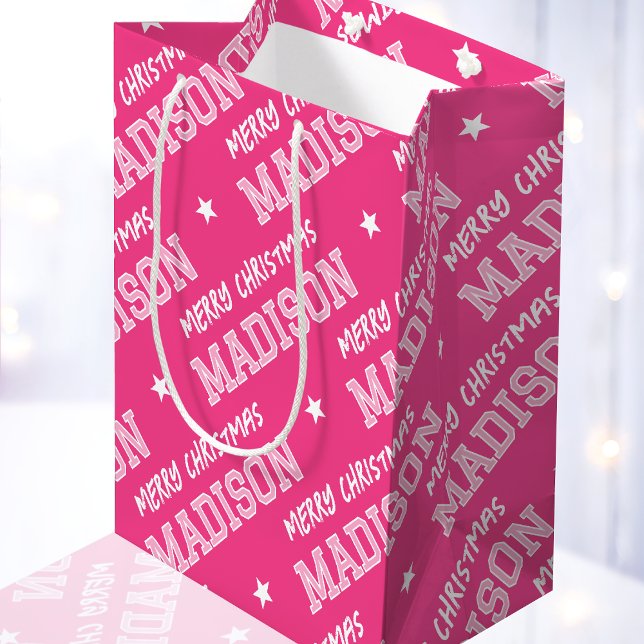 Bolsa De Regalo Mediana Merry Christmas Name Typography Pink (Subido por el creador)