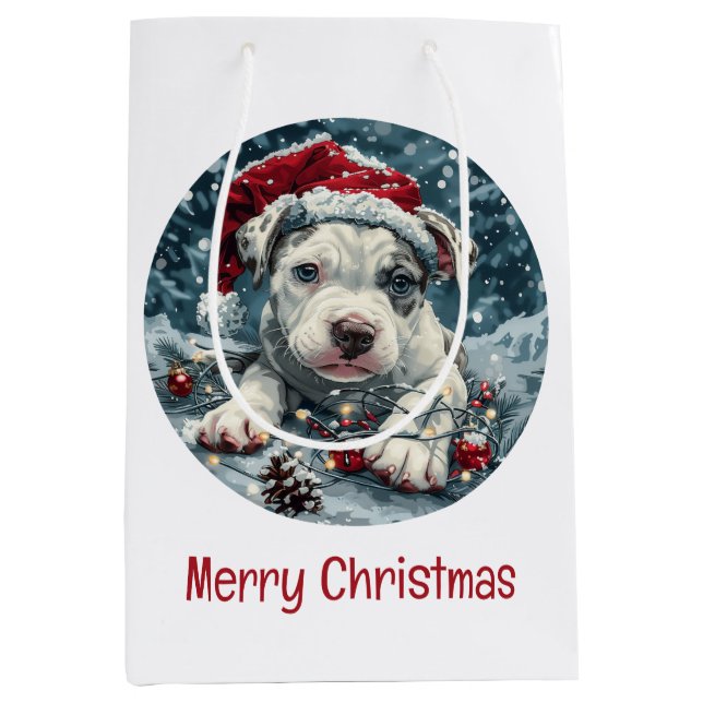 Bolsa De Regalo Mediana Merry Christmas Pit Bull Santa Puppy (Anverso)