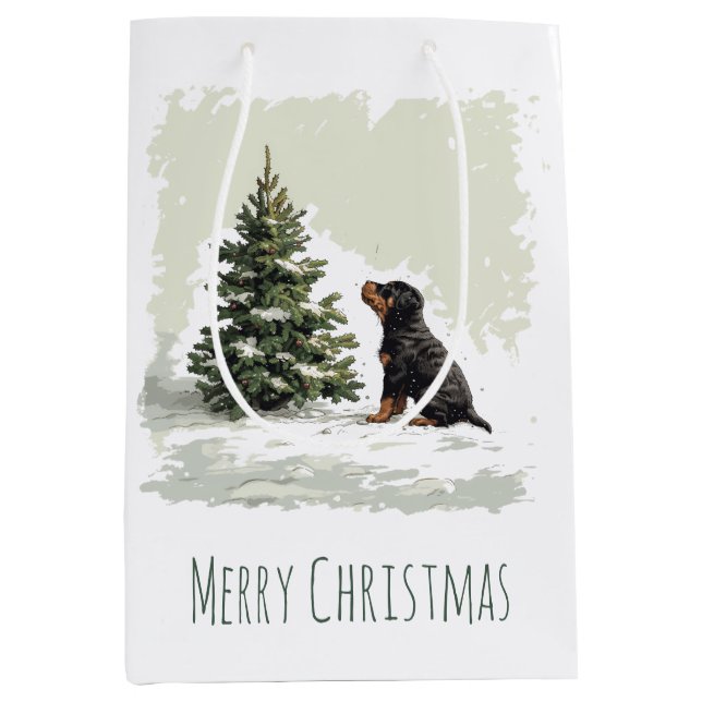 Bolsa De Regalo Mediana Merry Christmas Rottweiler Dog Christmas Tree (Anverso)