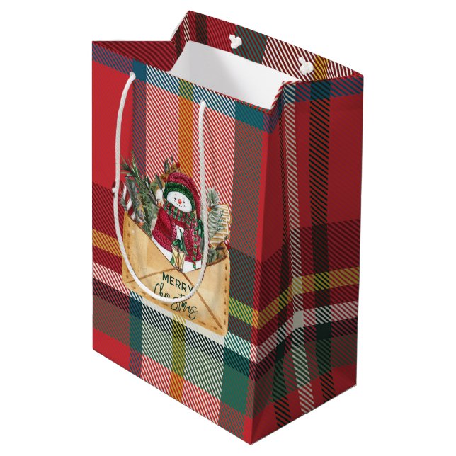 Bolsa De Regalo Mediana Merry Christmas Rustic Plaid Red and Green (Angulo reverso)