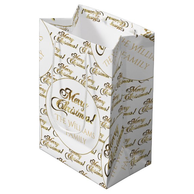 Bolsa De Regalo Mediana Merry Christmas Script Elegant White Gold Añadir n (Angulo Anverso)