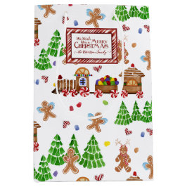 Bolsa De Regalo Mediana Merry Christmas Train Gingerbread Man Tree Family