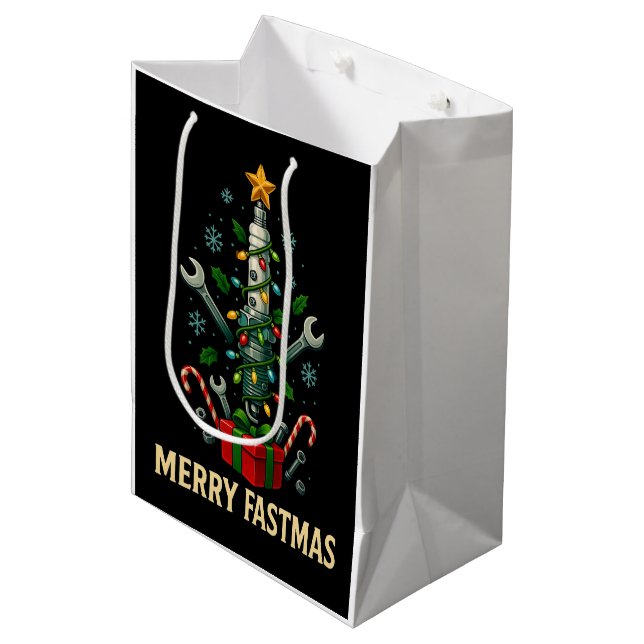 Bolsa De Regalo Mediana Merry Fastmas Spark Plug Christmas Tree Mechanic  (Angulo Anverso)