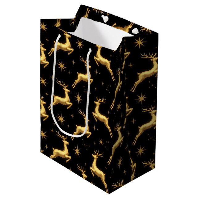 Bolsa De Regalo Mediana Metallic Gold Black Reindeer Stars Wine, Small, (Angulo Anverso)