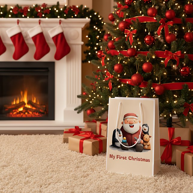 Bolsa De Regalo Mediana Mi Primer Navidad Santa Claus y Animales Adorables (Subido por el creador)