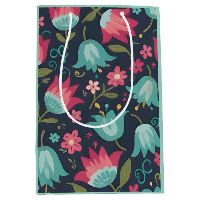 Bolsa De Regalo Mediana Midnight Garden: Moody Tulip & Teal Blossom (Anverso)