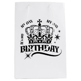 Bolsa De Regalo Mediana Minimal Black Crown Birthday Typography White