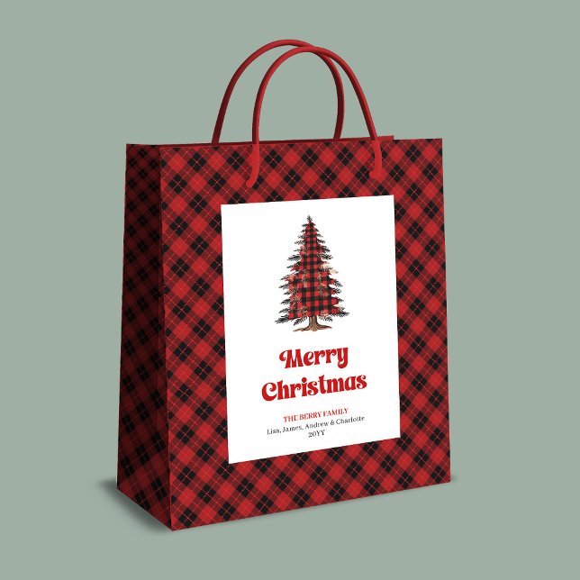 Bolsa De Regalo Mediana Minimal red black tartan Christmas bag personalize (Minimal red black tartan Christmas bag personalized)