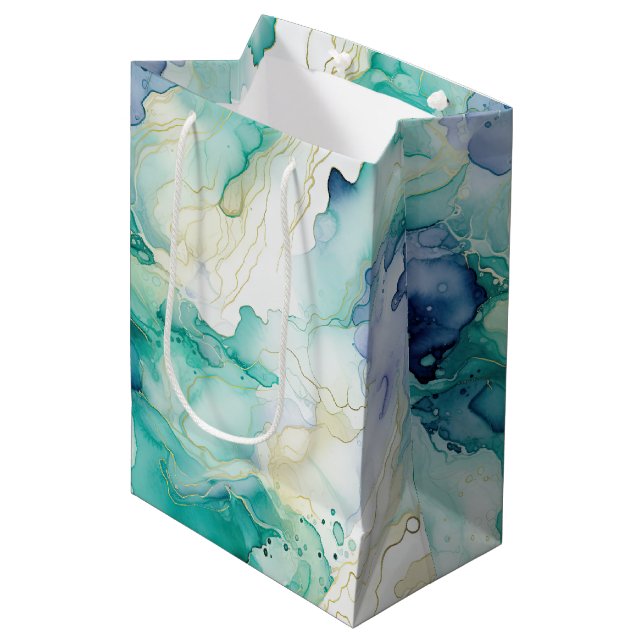 Bolsa De Regalo Mediana Mint Aqua Blue Ink Marble (Angulo Anverso)