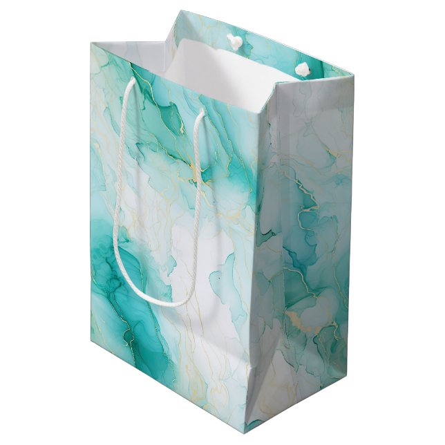 Bolsa De Regalo Mediana Mint Aqua Glam Elegant Gold Marble (Angulo Anverso)