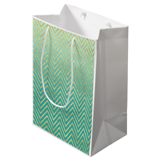 Bolsa De Regalo Mediana Mint Green Gold Glam Chevron Ombre (Angulo Anverso)