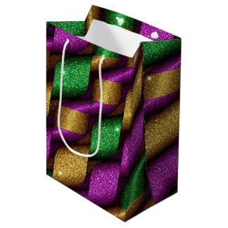 BOLSA DE REGALO MEDIANA MIRADA DE BRILLO DE ORO VERDE PÚRPURA MARDI GRAS