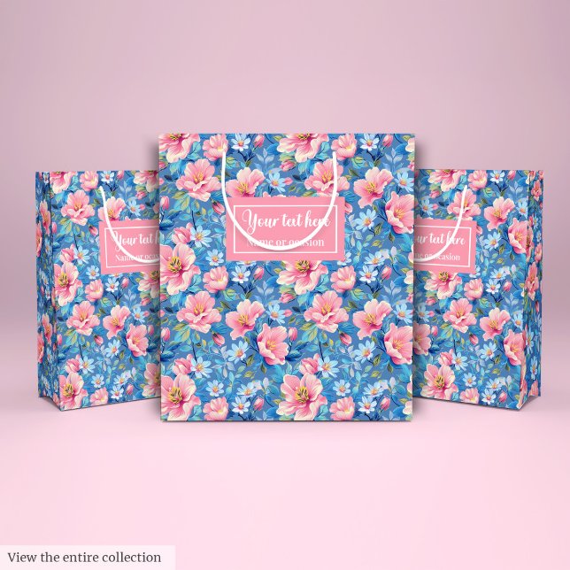 Bolsa De Regalo Mediana Moda azul pastel y azul rosa rosa azul verdoso con (Chic pastel blue and blush pink preppy floral Medium Gift Bag)