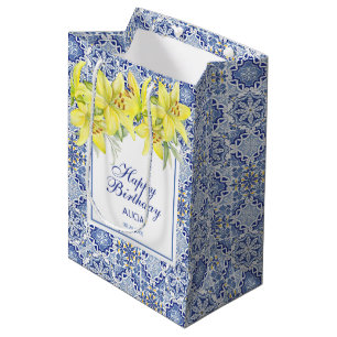 Bolsa De Regalo Mediana Moda Azul Portugués Azulejo Lirio Amarillo
