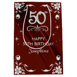 Bolsa De Regalo Mediana Moda Marco floral plateado Borgoña 50 cumpleaños