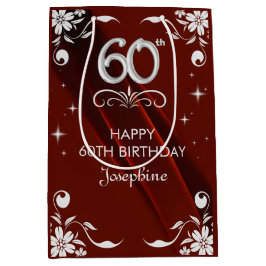 Bolsa De Regalo Mediana Moda Marco floral plateado Borgoña 60 cumpleaños