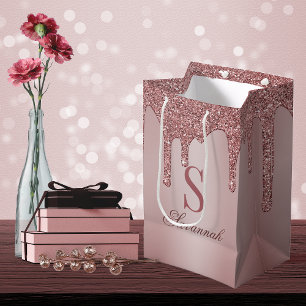 Bolsa De Regalo Mediana Moda Rosa Oro Purpurina Rasgos Esparkle Monograma